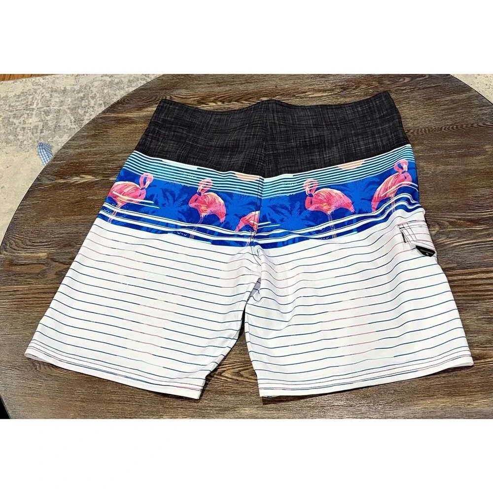 OCEAN CURRENT Stripe Flamingo Swim Board Shorts - Sz 36 Waist - Ret $40 - NWT